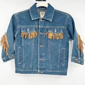 Genuine Class Club Kids Western Fringe Cow Graphic‎ Denim Jean Jacket Size 4